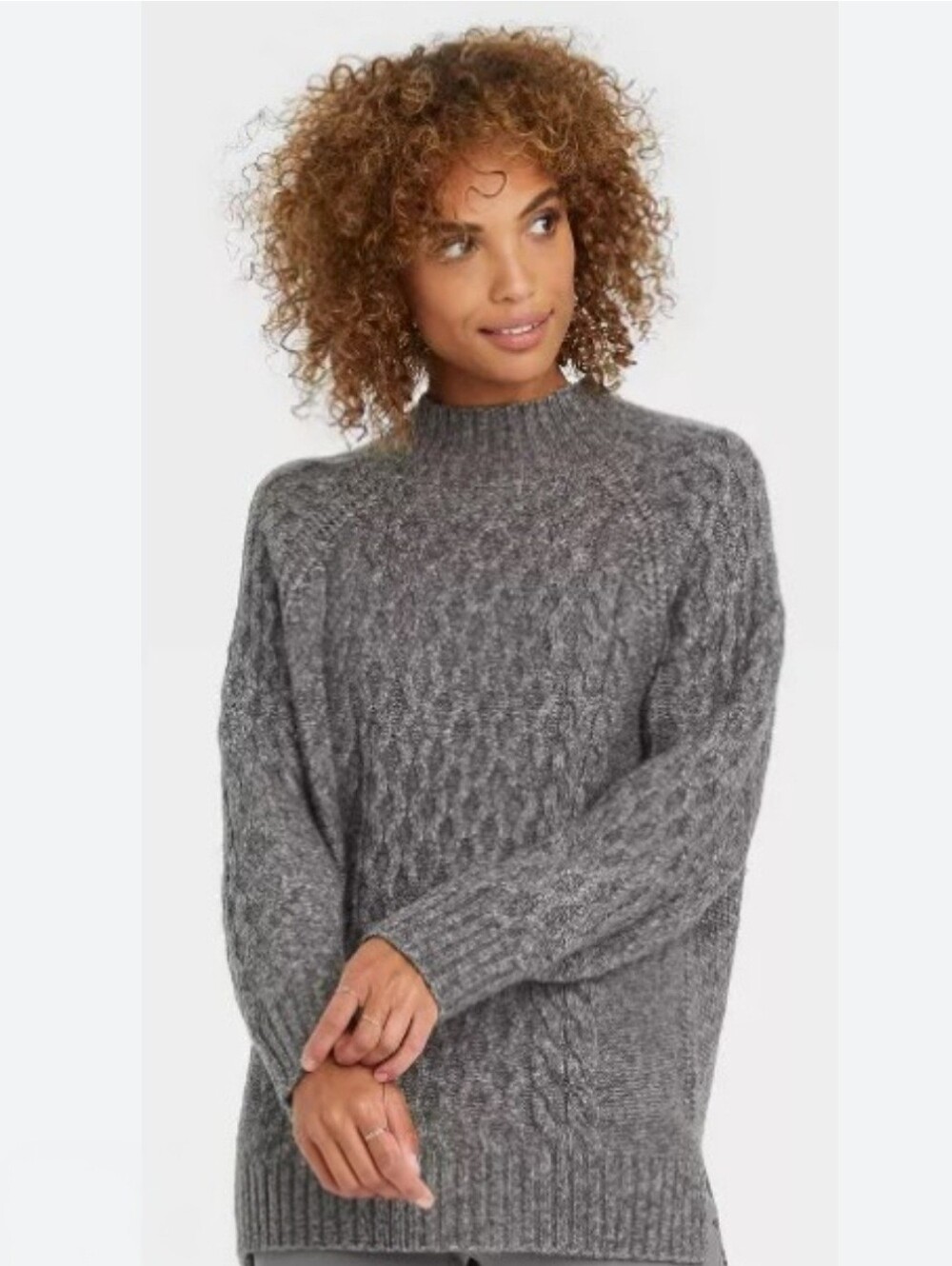 Oversized Grey Cable Knit Mock Neck Tunic Sweater